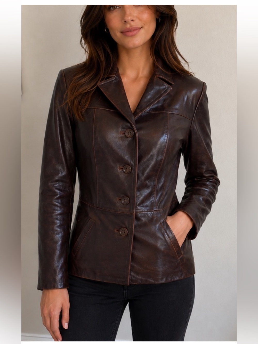Wilsons Leather Women's Brown Button-Front Leather Jacket